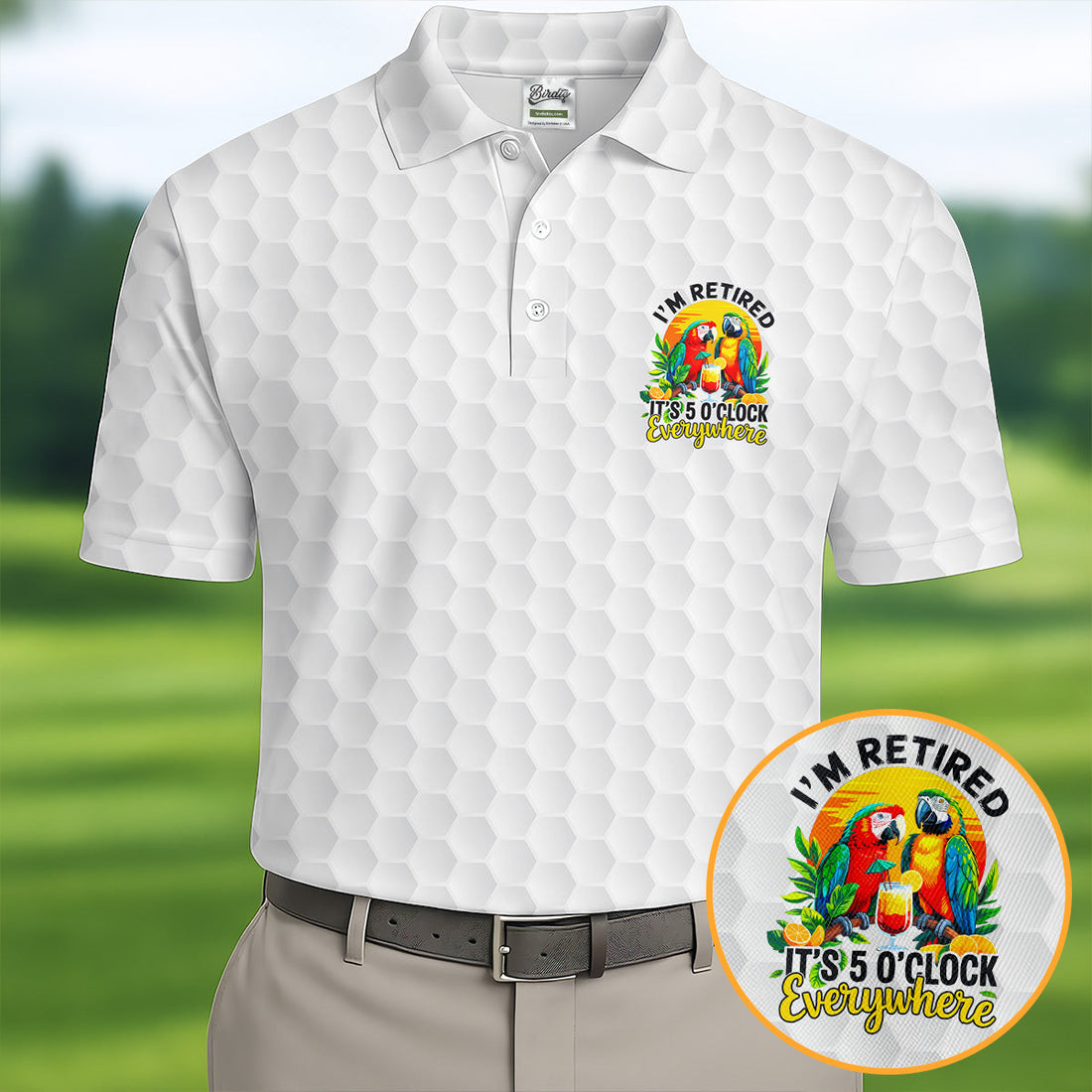 White Tropical Parrot Happy Retirement Golf Polo Shirt, Hawaiian Golf Shirt, Mens Golf Shirts