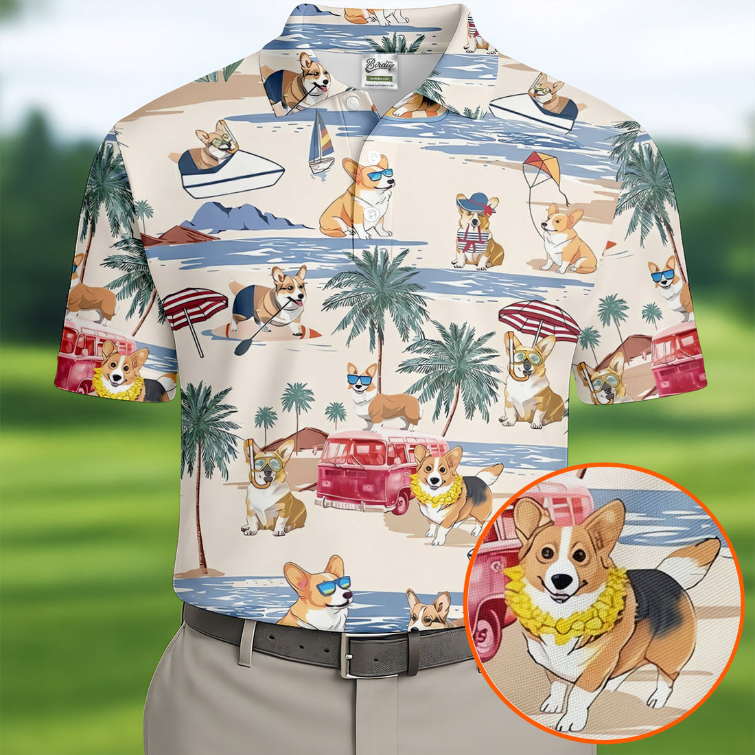 Cute Corgi Beach Vacation Tropical Golf Polo Shirt, Hawaiian Golf Shirt, Golf Shirts For Men