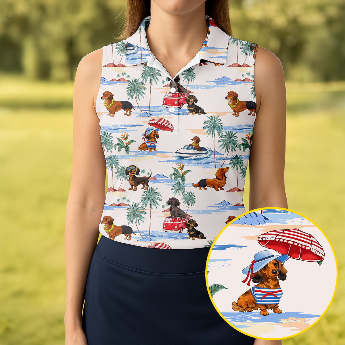 Tropical Dachshund Beach Pattern Hawaiian Golf Polo, Golf Tops For Women, Golfing Apparel
