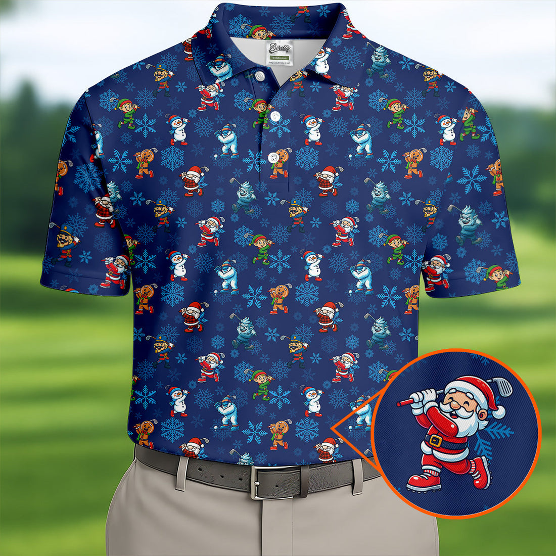 Funny Christmas Characters Golf Pose Navy Golf Shirt, Christmas Golf Shirt, Polo Shirts For Men
