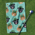 Pet Dog and Cat Face Golf Towel with Green Caps, Funny Golf Towel, Golf Accessories Gift