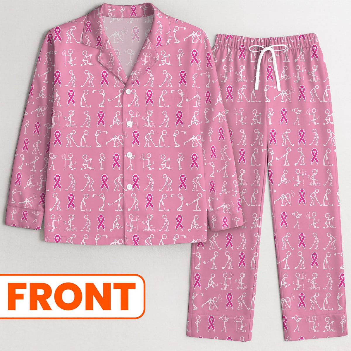 Funny Stick Figure Golfing Long Sleeve Pajama Set, Breast Cancer Awareness Pink Satin Pajamas
