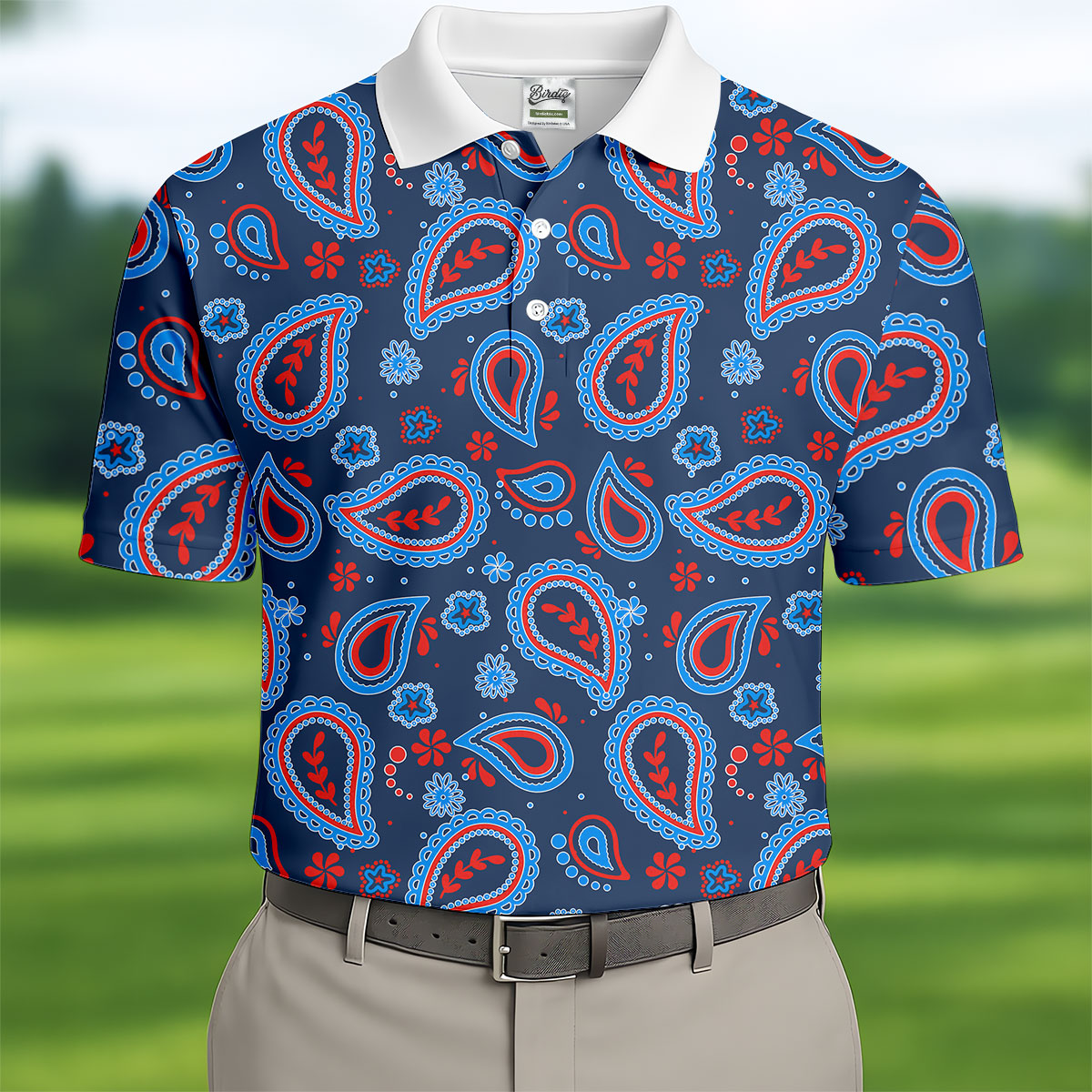 Blue Red Paisley Pattern Golf Polo Shirt, Golf Shirts For Men, Hawaiian Golf Shirt