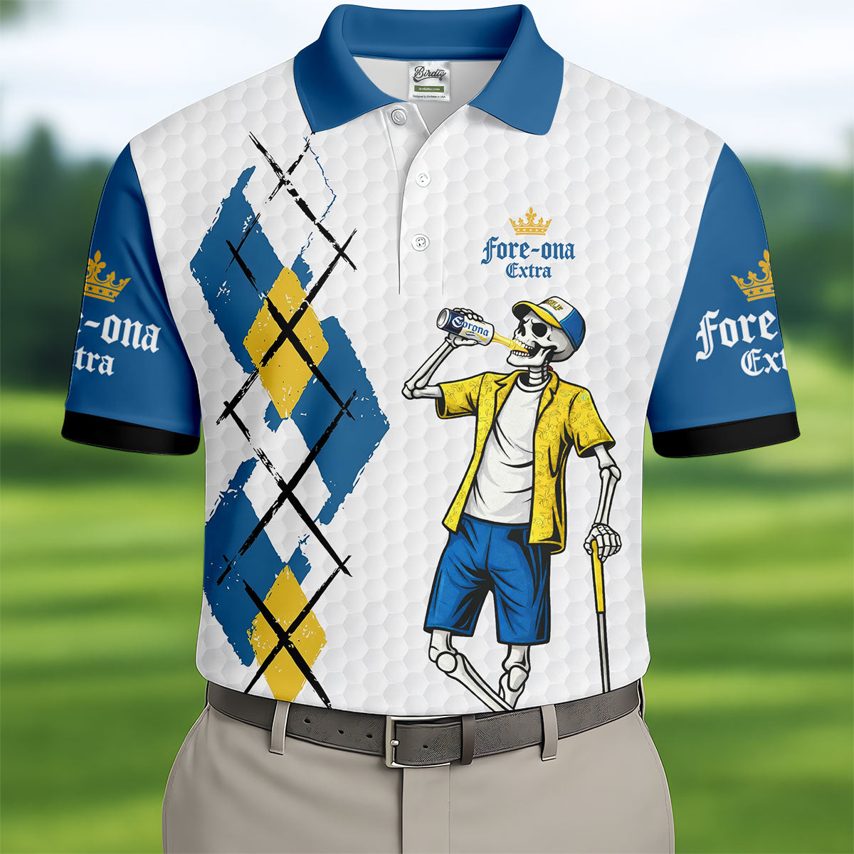 Fore-Ona Extra Blue Yellow Skeleton Golfer Beer Polo Shirt, Mens Golf Polo, Golf Apparel For Men