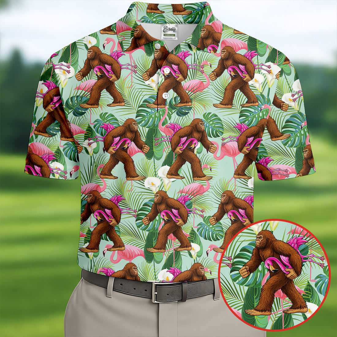 Tropical Sasquatch Paradise with Flamingo Float Design Hawaiian Golf Polo, Golf Tops For Men, Golfing Apparel