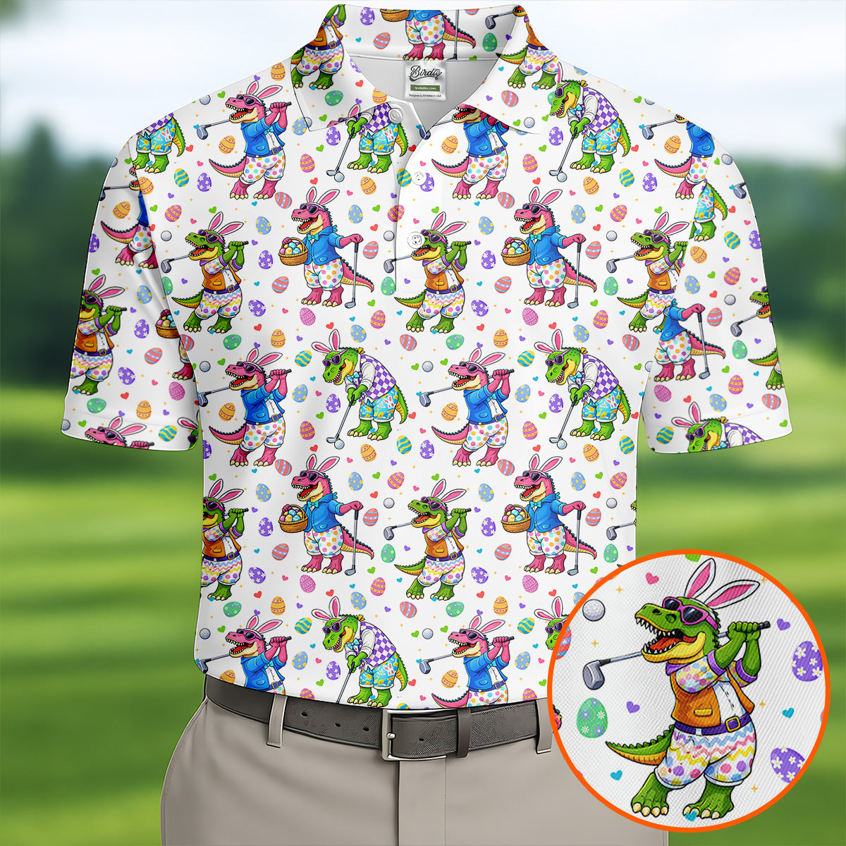 Easter Dinosaur Gradient Pattern Men's Funny Golf Shirts, Golf Shirts For Men, Polo Shirts For Men