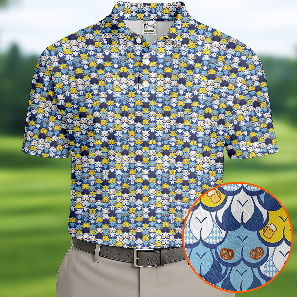 Funny Beer Pretzel Cleavage Pattern Golf Polo Shirt, Mens Golf Polo, Printed Golf Shirts