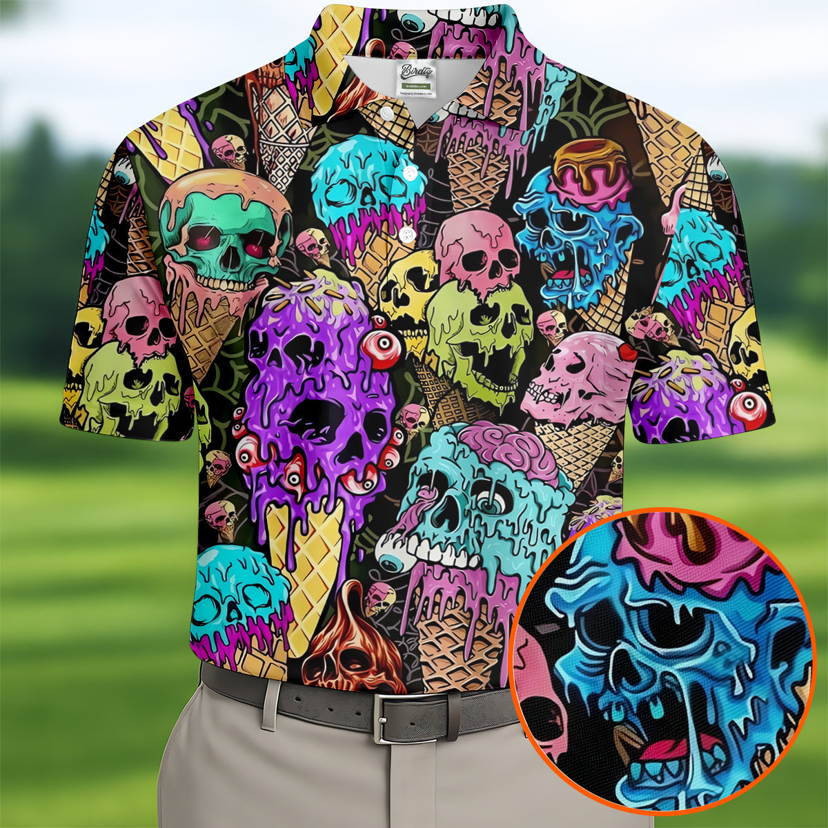 Melting Skull Ice Cream Halloween Golf Shirt, Golf Apparel For Men, Mens Golf Shirts