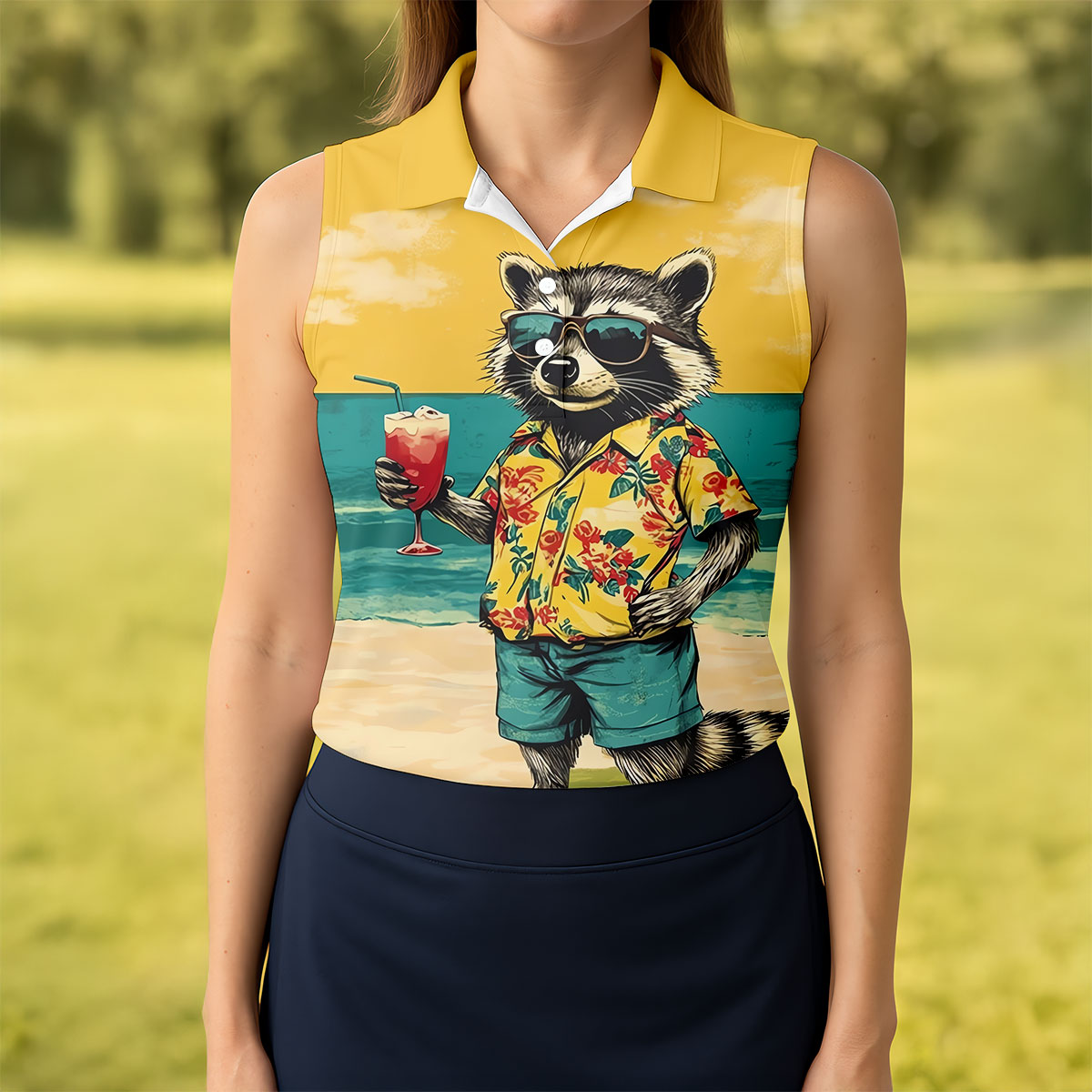 Cool Raccoon Tropical Yellow Hawaiian Golf Polo, Golf Tops For Women, Golfing Apparel