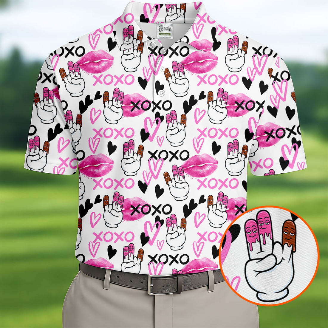 Chocolate Fingers Adult Humor XOXO Lipstick Mark Fun Golf Shirts For Men, Valentines Golf Gift, Polo Shirts For Men