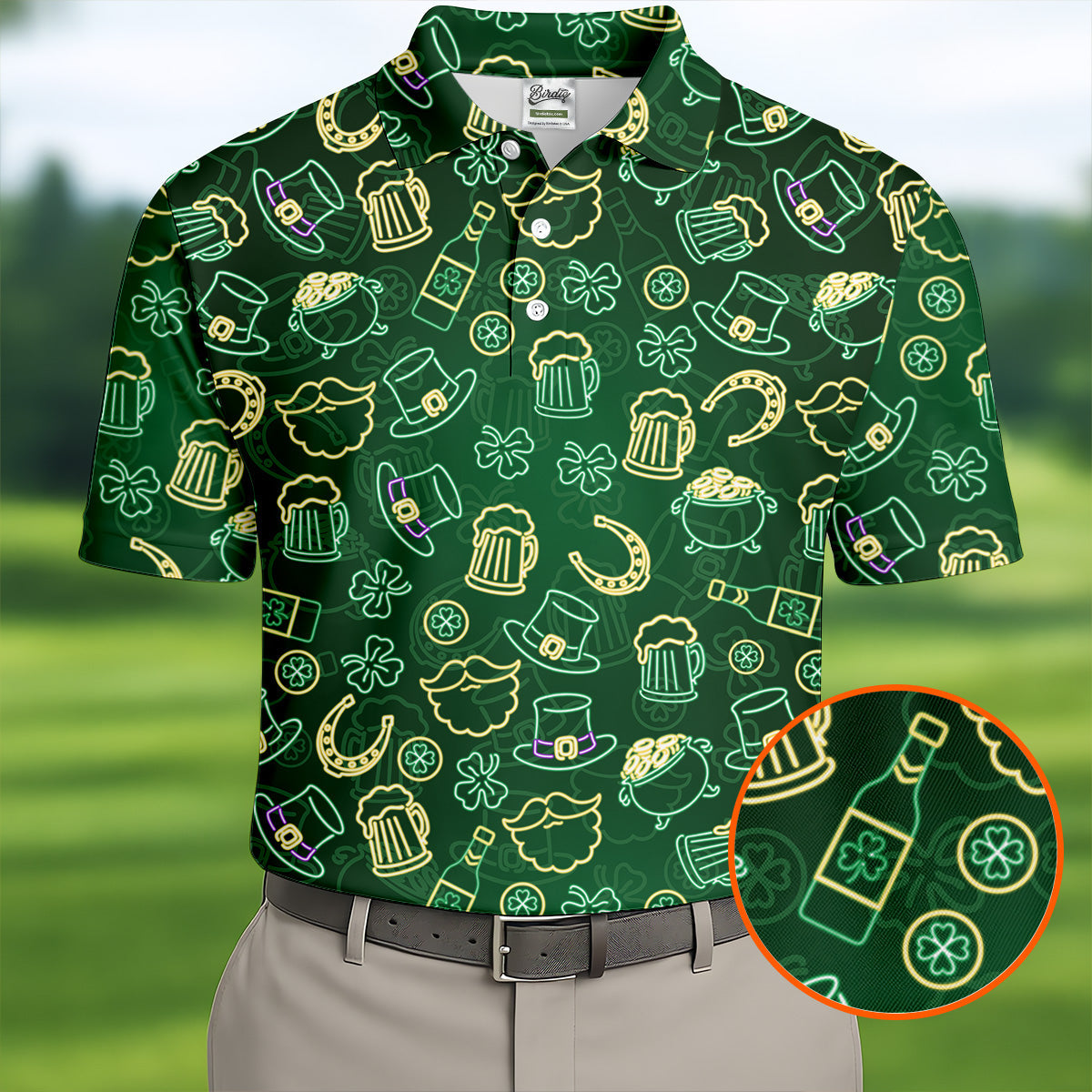 Beer Shamrock Neon Pattern St Patrick's Day Golf Shirt, Golf Tops For Men, Golf Shirts For Men