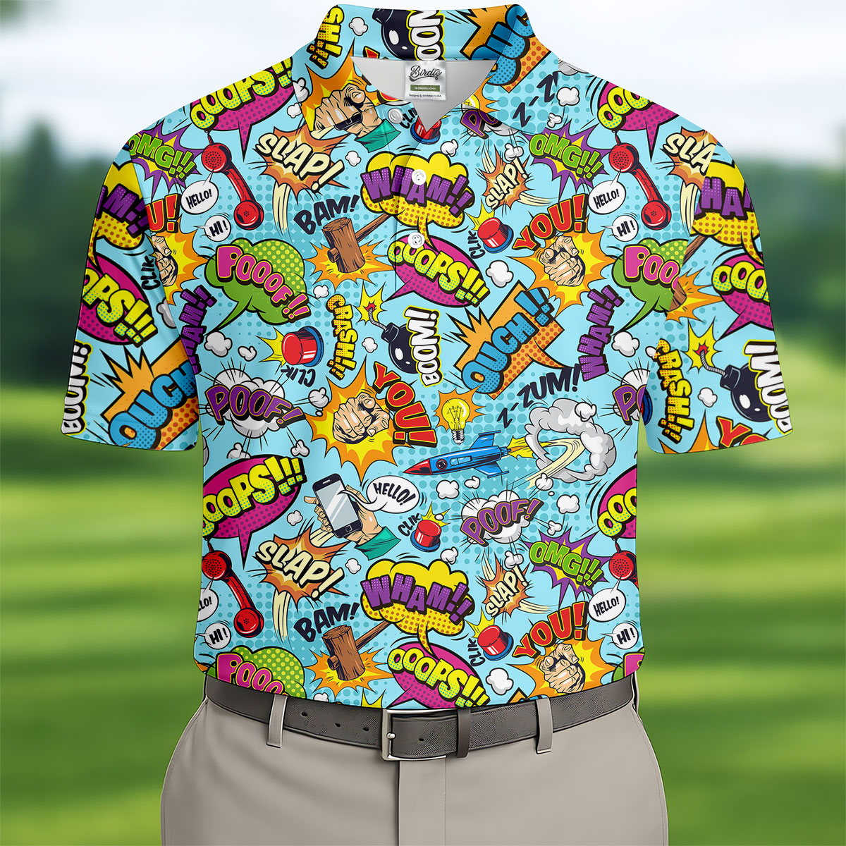 Comic Pattern Hawaiian Golf Shirt, Retro Style Men's Golf Shirt, Polo Shirts For Men