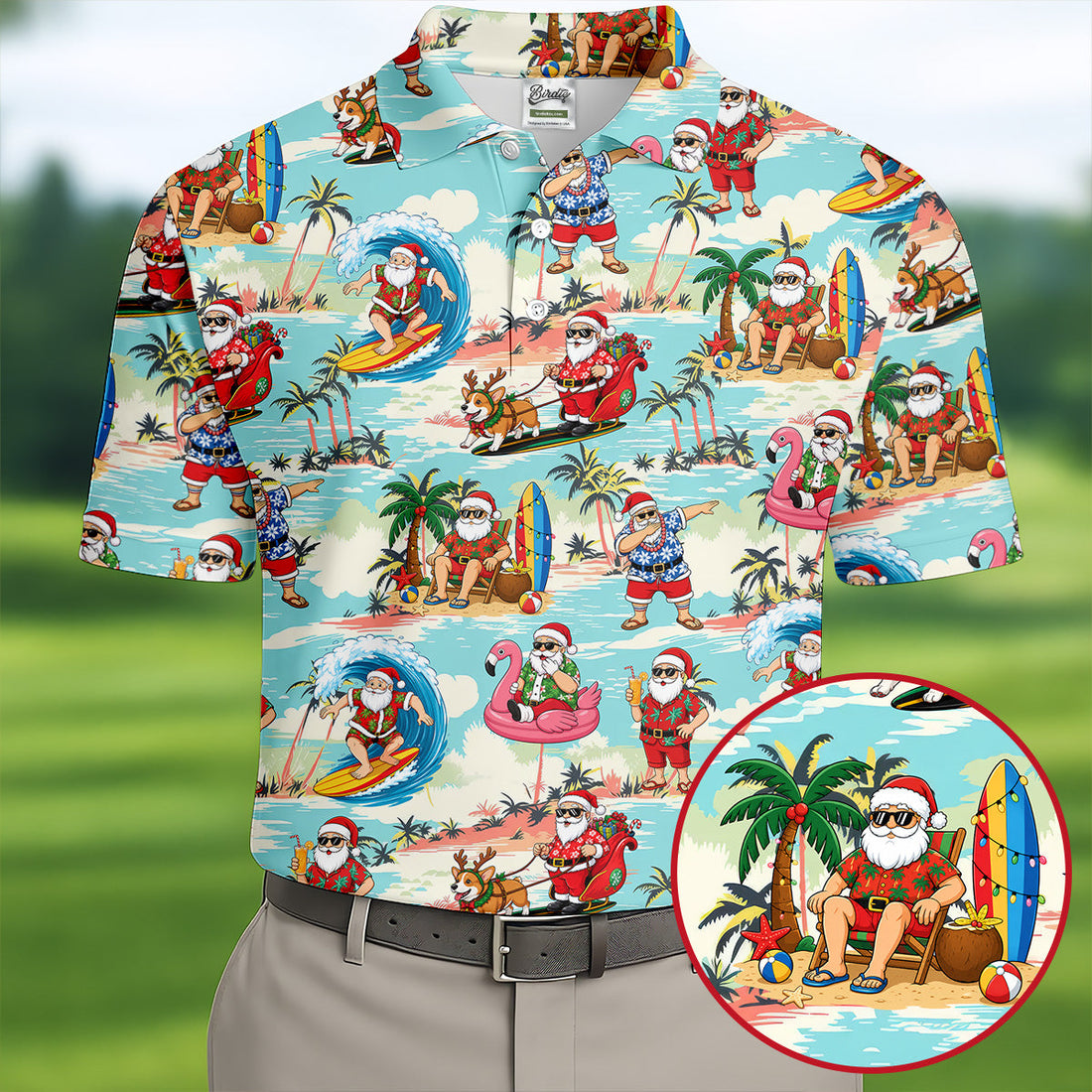 Funny Tropical Santa Beach Christmas Polo Shirt, Mens Golf Polo, Hawaiian Golf Shirt