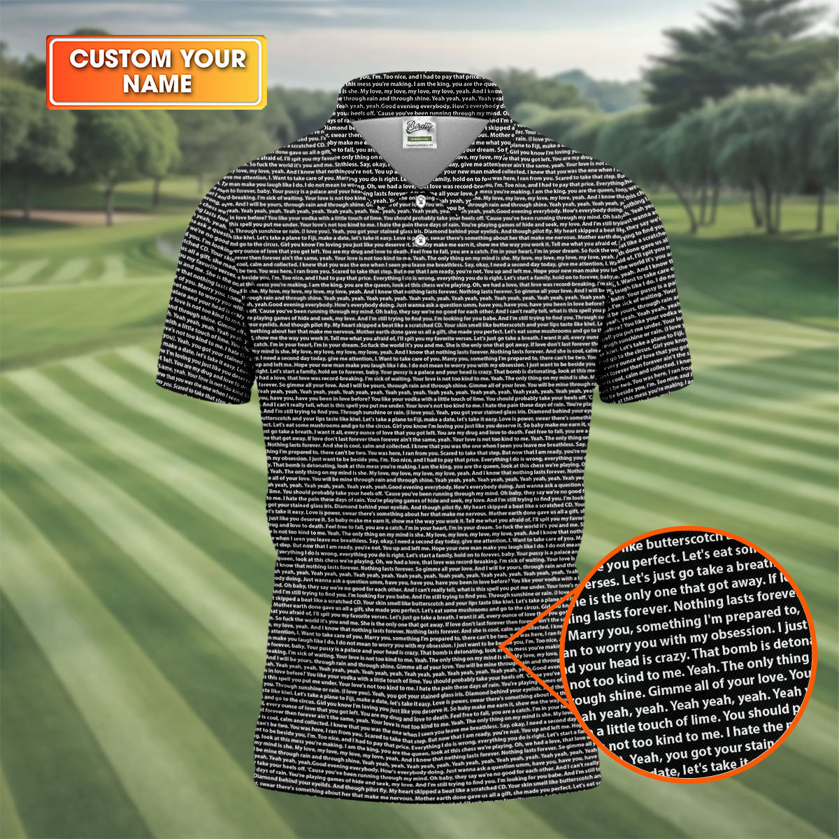 Black Text Pattern Golf Polo Shirt, Golf Shirts For Men, Printed Golf Shirts
