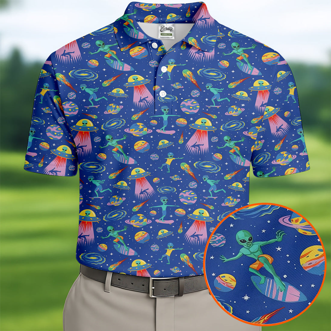 Surfing Alien Space Galaxy Hawaiian Golf Shirt, Hawaiian Golf Shirt, Golf Shirts For Men