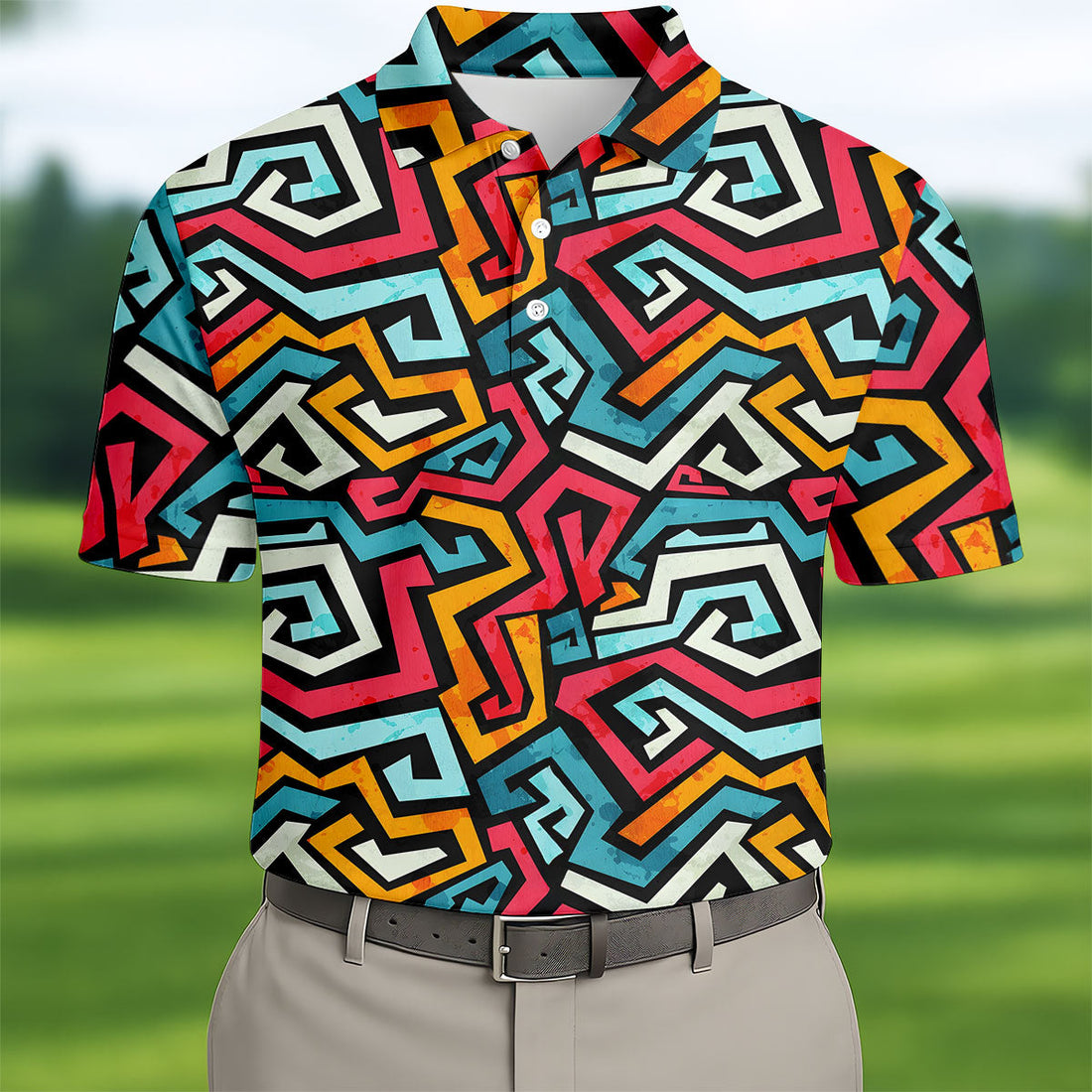 Colorful Geometric Grunge Effect Hawaiian Golf Shirt, Men's Golf Shirt, Polo Shirts For Men