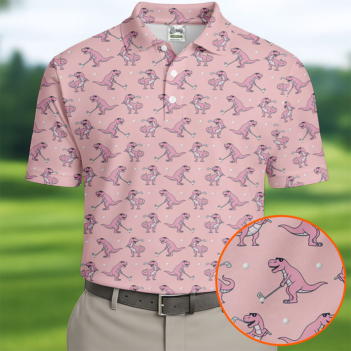 Pink T-Rex Dinosaur Golfer Pattern Golf Polo Shirt, Golf Shirts For Men, Mens Golf Apparel