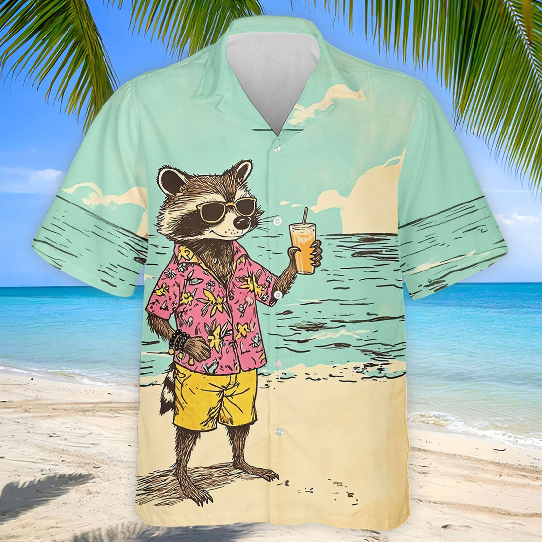 Raccoon Tropical Beach Escape  Hawaiian Golf Shirt, Men's Golf Shirt, Polo Shirts For Men
