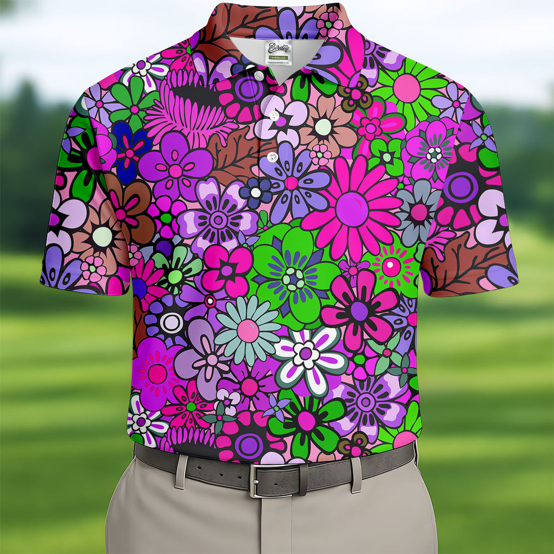 Pink Purple Retro Flower Power Golf Shirt, Mens Polo Shirts, Hawaiian Golf Shirt, Printed Golf Shirts