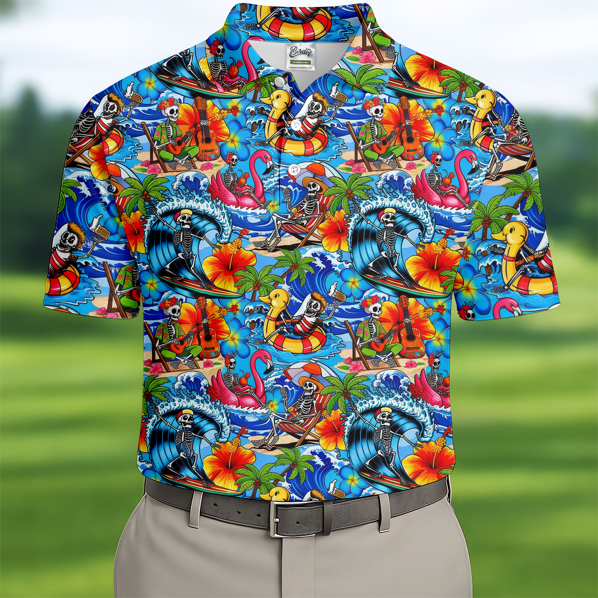 Blue Tropical Skeleton Surfer Pattern Golf Polo Shirt, Men's Golf Shirt, Golf Polo Shirts For Men