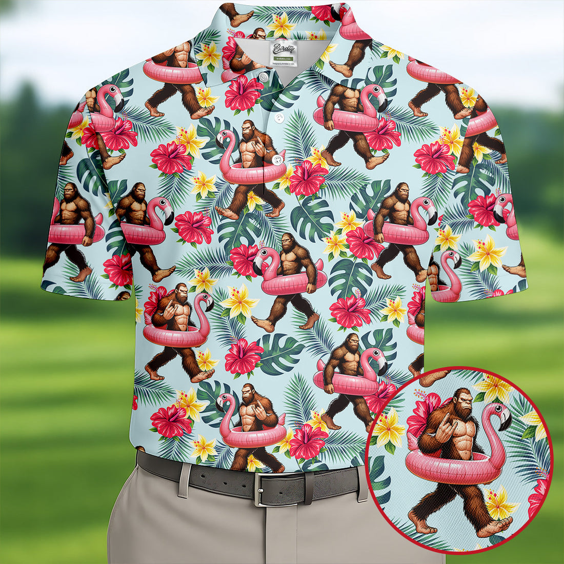 Ice Blue Bigfoot Flamingo Paradise Hawaiian Golf Shirt, Men's Golf Shirt, Polo Shirts For Men