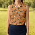 Vintage Black Cat Halloween Pattern Polo Shirt, Golf Shirts For Women, Womens Golf Tops