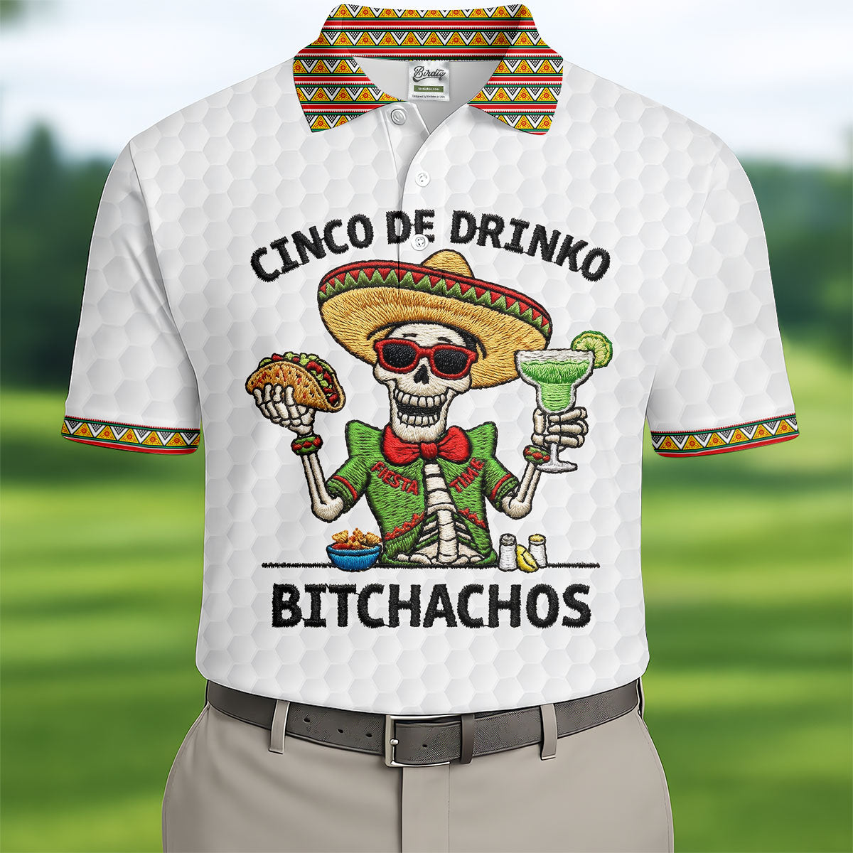 Skeleton Holding Taco And Margarita Hawaiian Golf Polo, Golf Tops For Men, Golfing Apparel