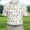 Pink Flamingo Golf Cart Cactus Hawaiian Golf Shirt, Mens Golf Polo, Golf Apparel For Men