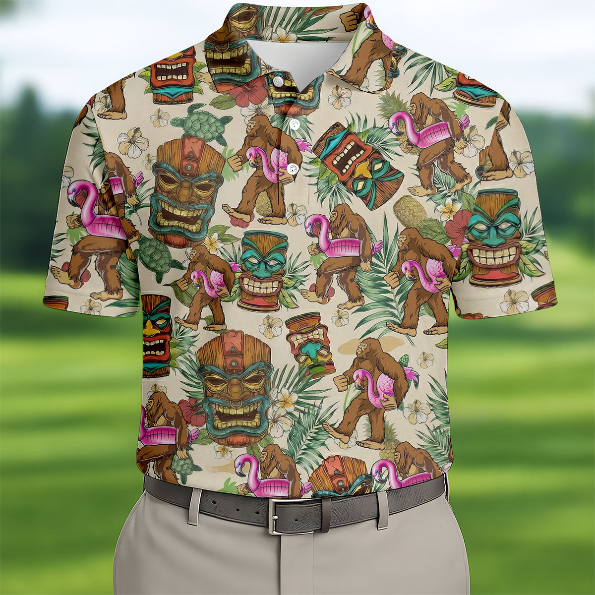 Tropical Bigfoot Adventure with Tiki Totems Design Hawaiian Golf Polo, Golf Tops For Men, Golfing Apparel