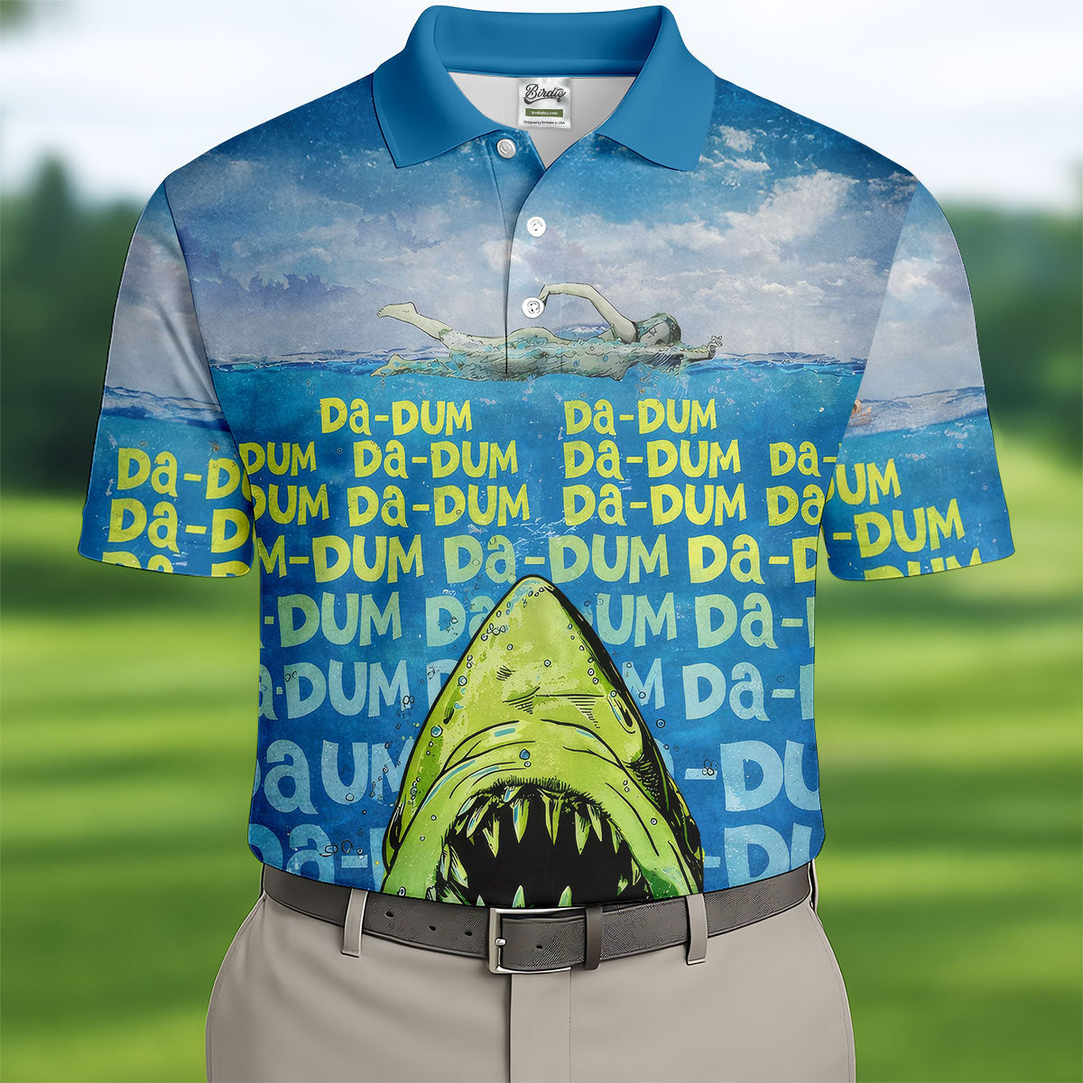 Funny Shark Da Dum Ocean Attack Golf Polo Shirt, Golf Shirts For Men, Printed Golf Shirts