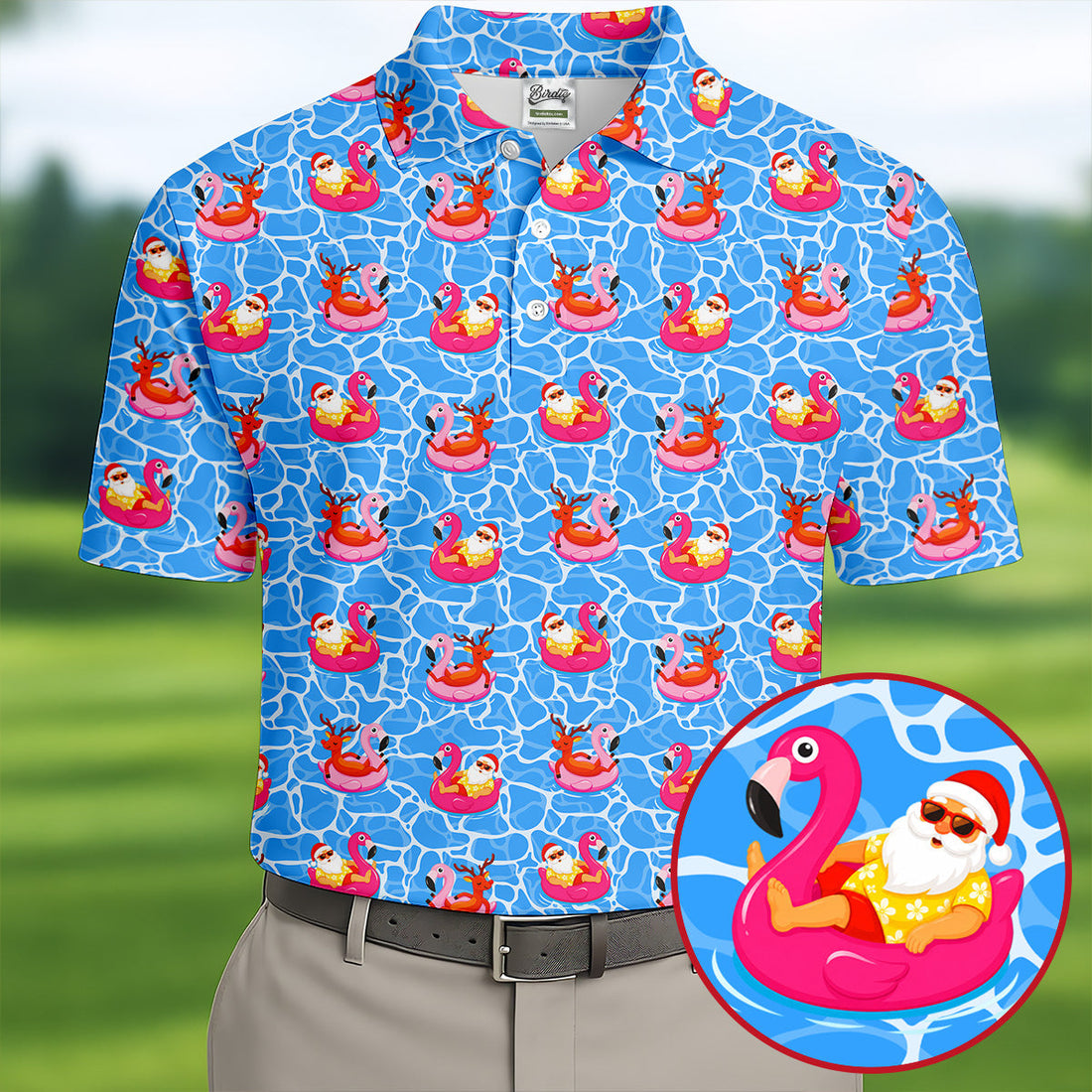Santa Flamingo Pool Float Christmas Golf Shirt, Men's Golf Shirt, Hawaiian Golf Shirt, Printed Golf Shirts