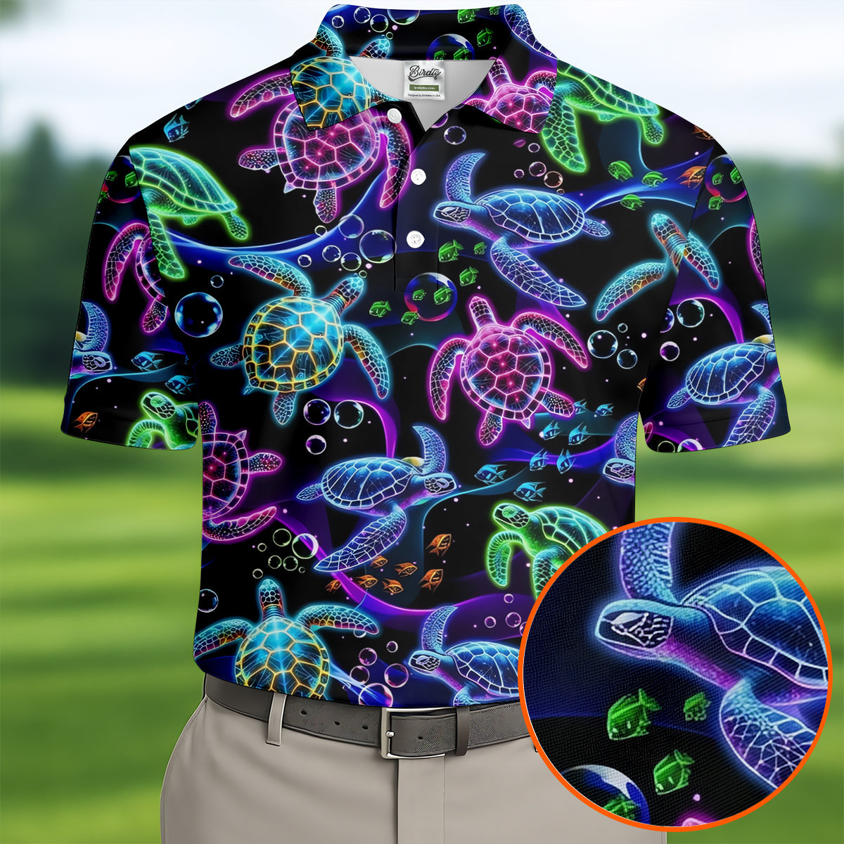 Neon Sea Turtle Ocean Pattern Hawaiian Golf Polo Shirt, Mens Golf Polo, Printed Golf Shirts