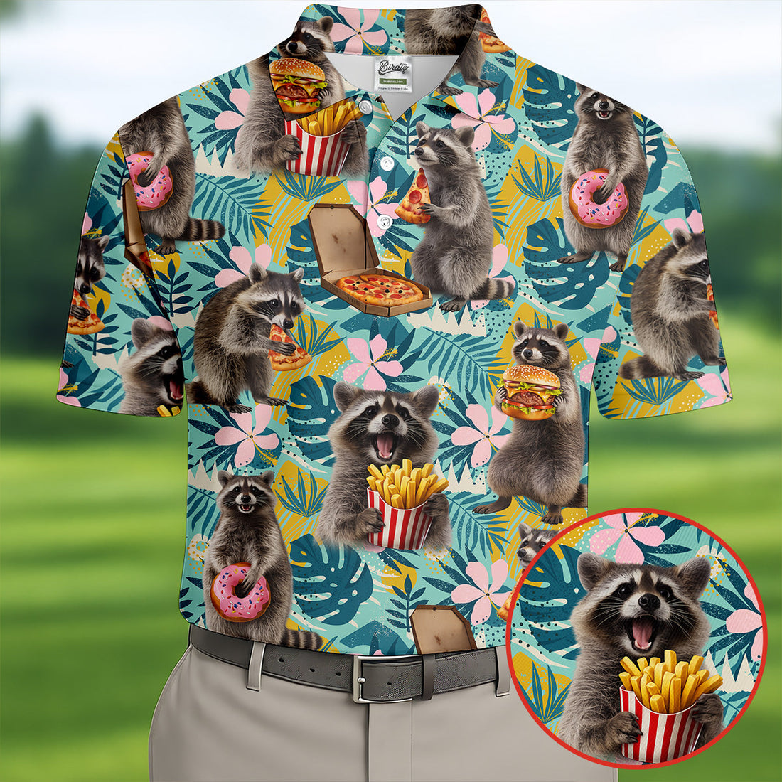 Funny Raccoons Enjoying Burgers, French Fries Design Hawaiian Golf Polo, Golf Tops For Men, Golfing Apparel (Copy)