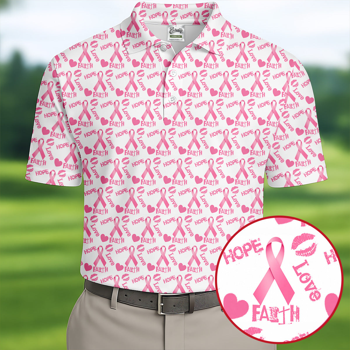 Hope Love Faith Pink Ribbon Breast Cancer Golf Shirt, Men's Golf Shirt, Mens Golf Apparel