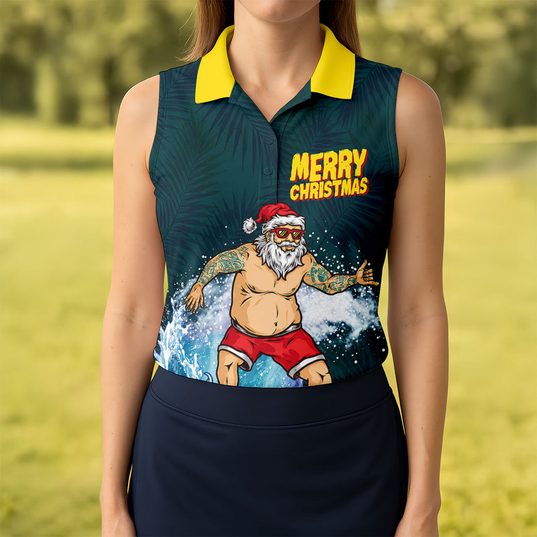 Surfing Santa Mele Kalikimaka Christmas Polo Shirt, Womens Golf Polo, Hawaiian Golf Shirt