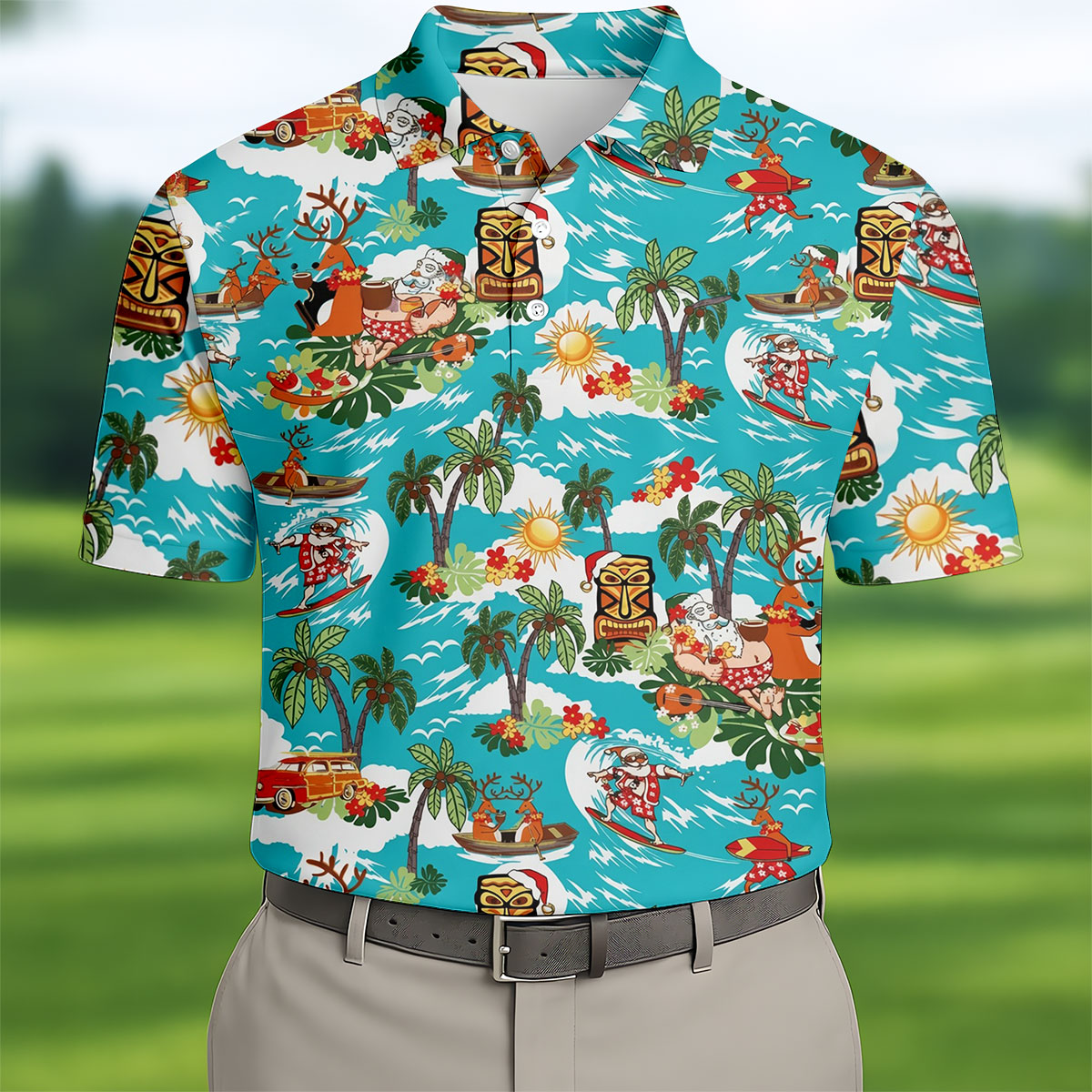 Men's Funny Surfing Santa Hawaiian Golf Shirt, Christmas Golf Shirt, Fun Golf Polo For Men