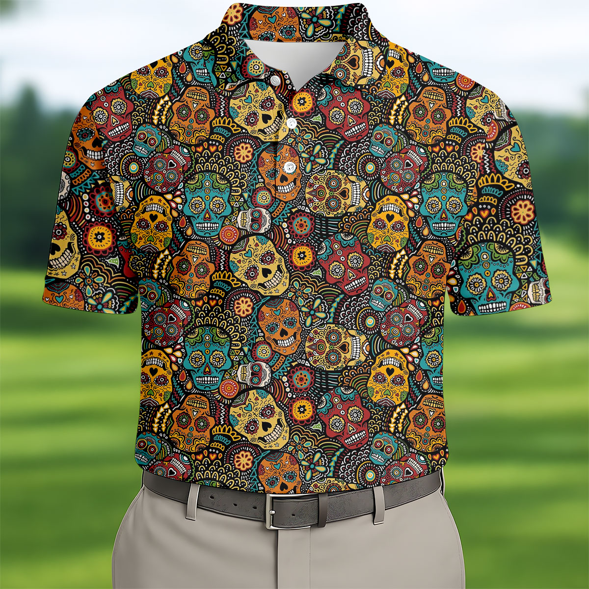 Colorful Sugar Skull Halloween Polo Shirt, Golf Shirts For Men, Golf Apparel For Men