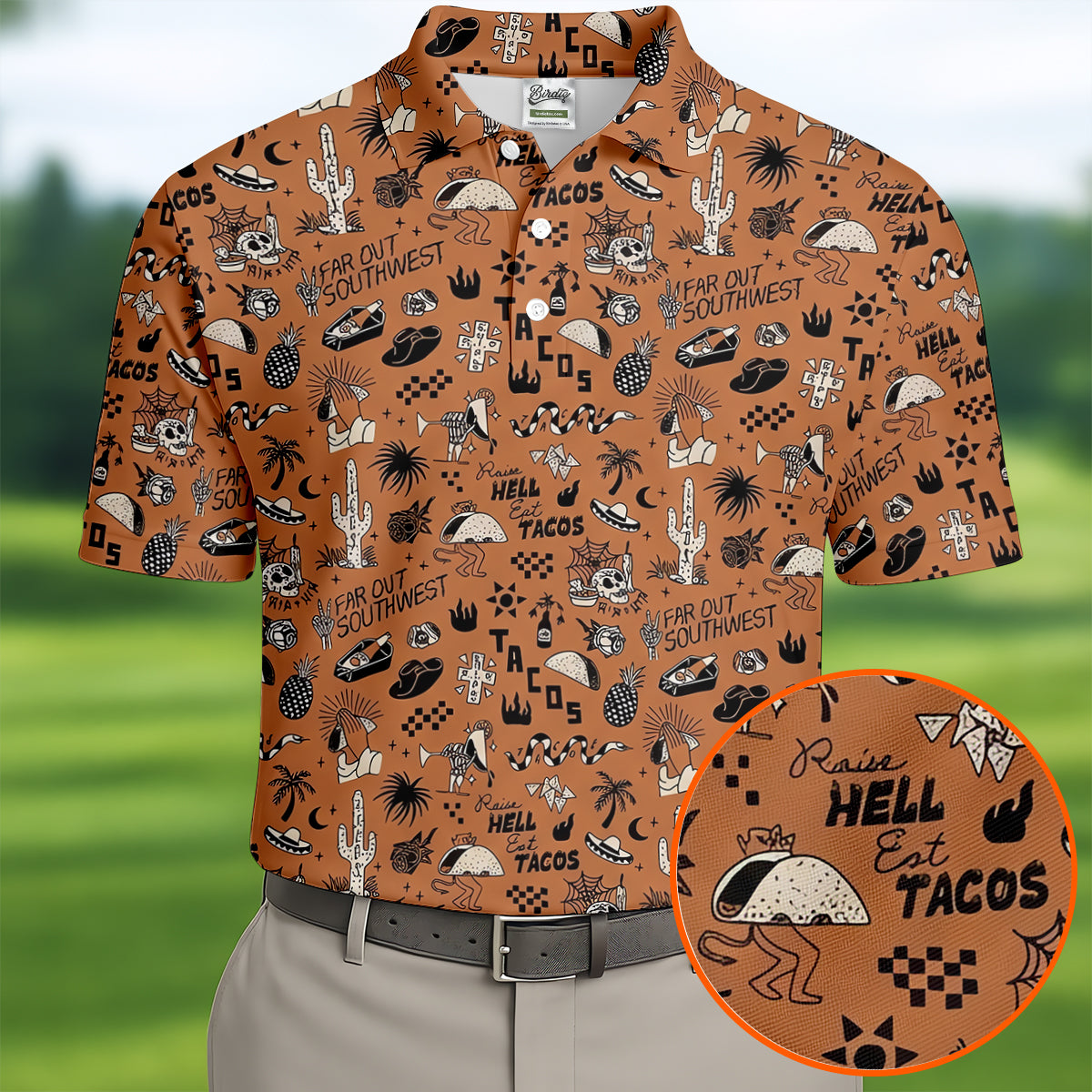 Southwest Desert Taco Skull Pattern Hawaiian Golf Shirt, Golf Tops For Women, Performance Golf Shirt