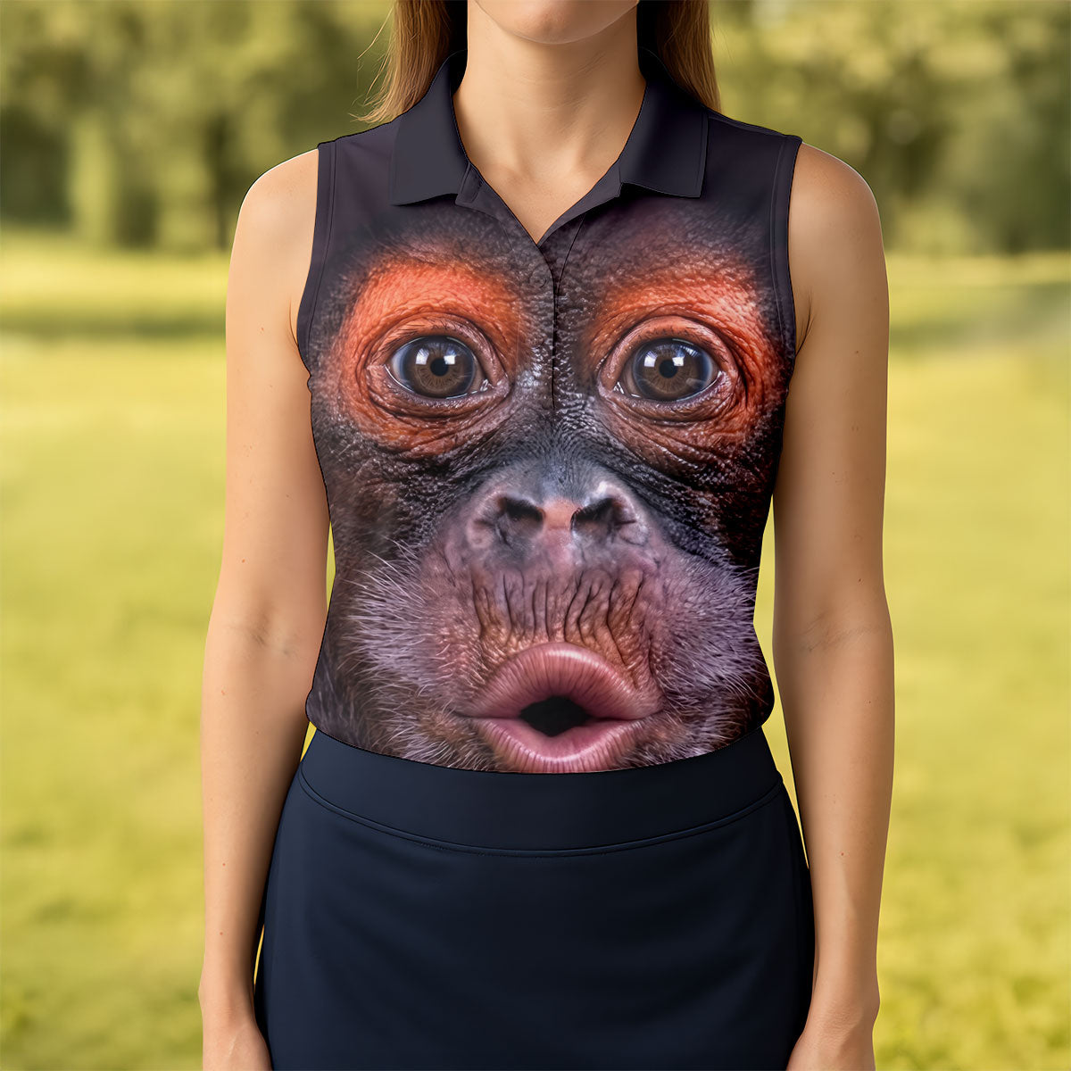 Funny Monkey Face Closeup Print Hawaiian Golf Polo, Golf Tops For Women, Golfing Apparel