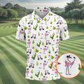 Pink Flamingo Golf Cart Cactus Hawaiian Golf Shirt, Mens Golf Polo, Golf Apparel For Men