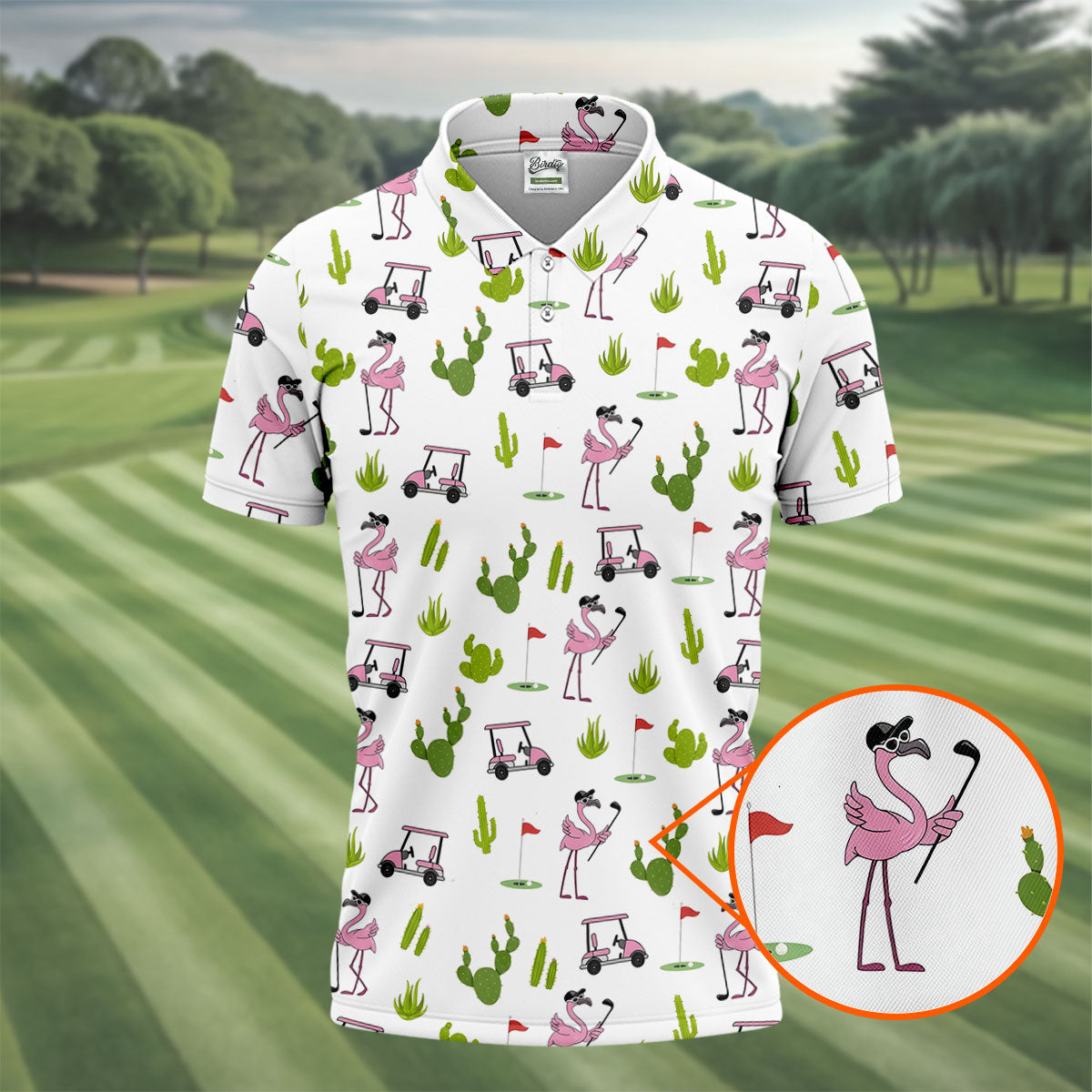 Pink Flamingo Golf Cart Cactus Hawaiian Golf Shirt, Mens Golf Polo, Golf Apparel For Men