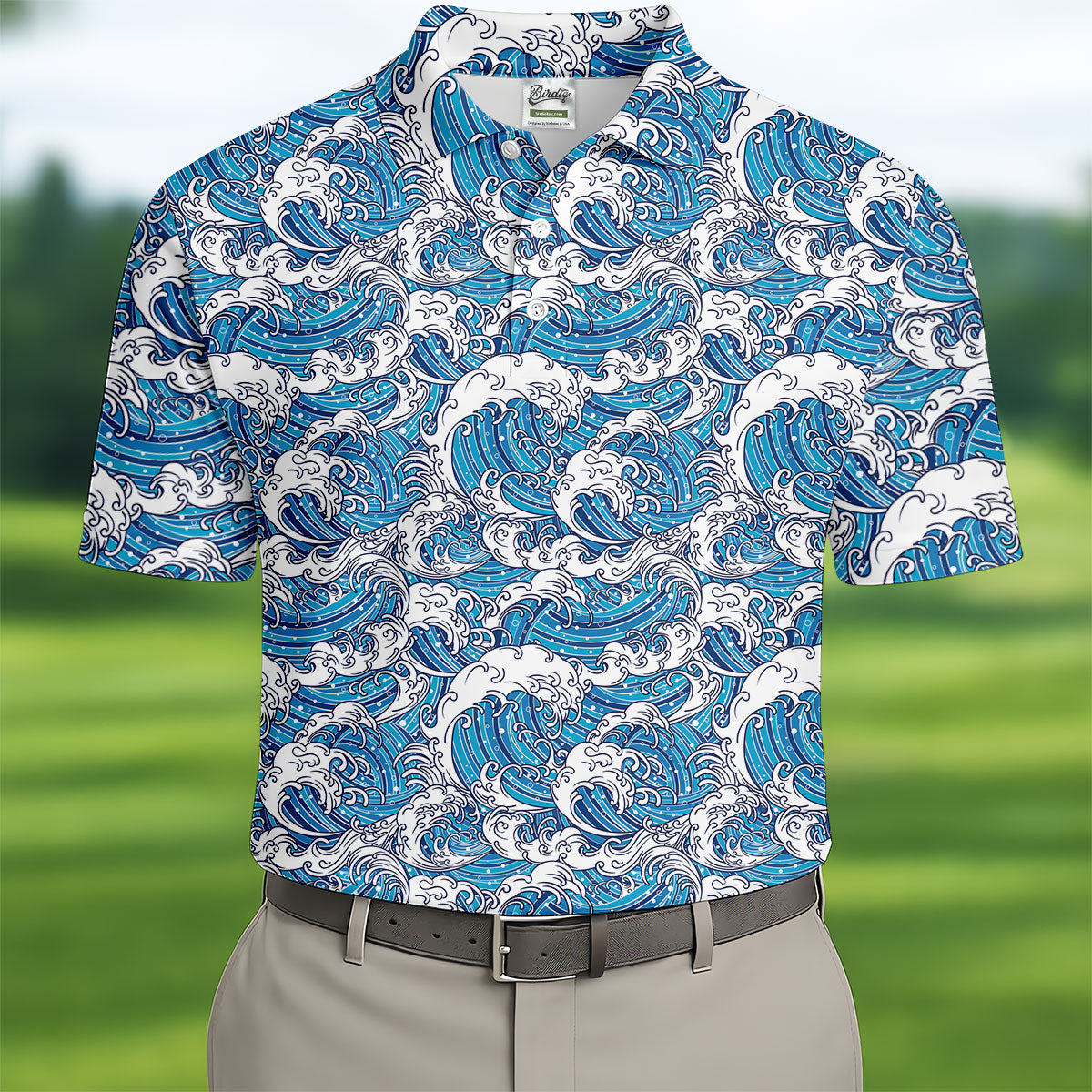 Blue Ocean Wave Pattern Golf Shirt, Hawaiian Golf Shirt, Mens Golf Shirts, Golf Apparel For Men