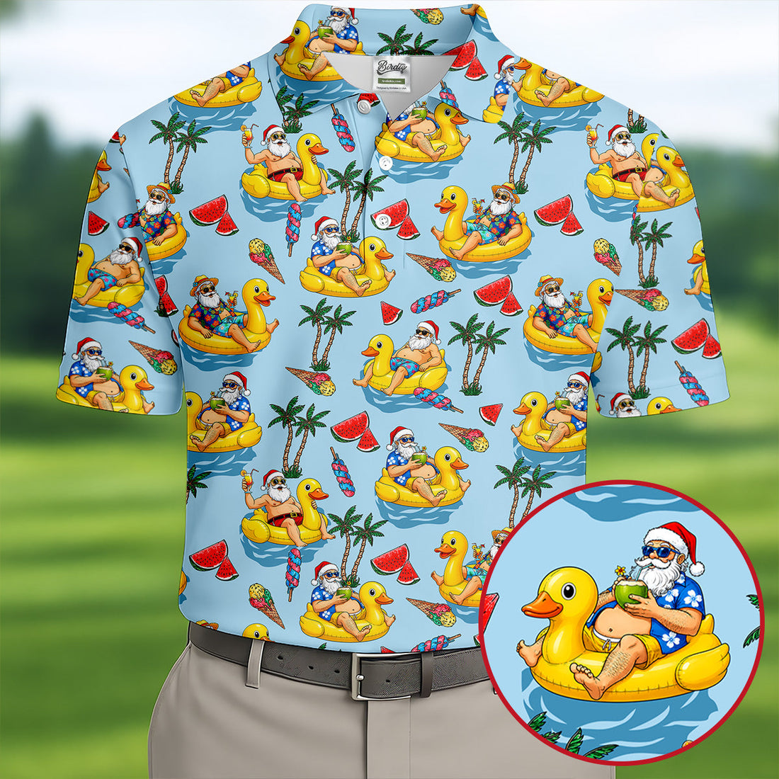 Men's Santa Duck Pool Float Hawaiian Golf Shirt, Christmas Golf Shirt, Golf Apparel For Men