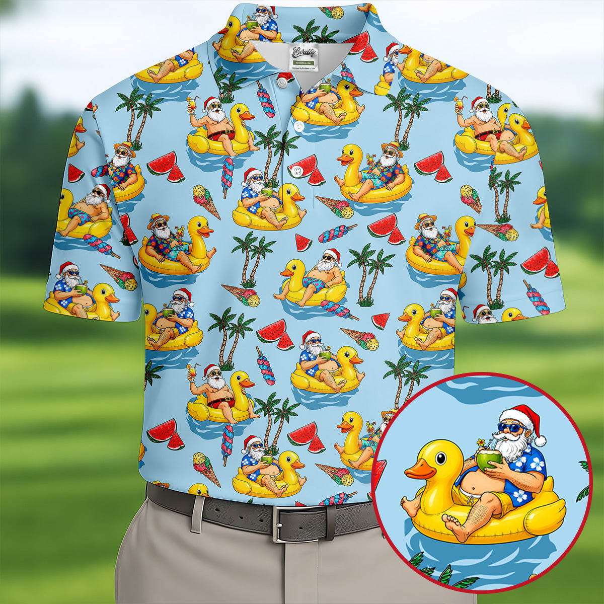 Men's Santa Duck Pool Float Hawaiian Golf Shirt, Christmas Golf Shirt, Golf Apparel For Men