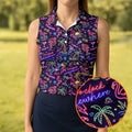 Tropical Theme Neon Pattern Black Golf Shirt, Women's Golf Tops, Golf Shirt For Women, Ladies Golf Shirts