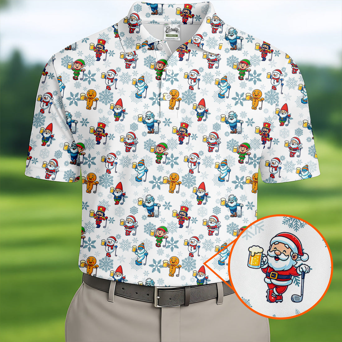 Christmas Characters Golf And Beer White Men's Funny Golf Shirts, Christmas Golf Shirt, Polo Shirts For Men