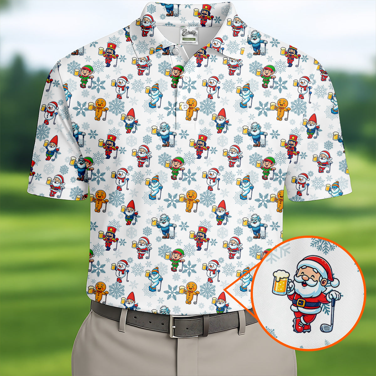 Christmas Characters Golf And Beer White Men's Funny Golf Shirts, Christmas Golf Shirt, Polo Shirts For Men