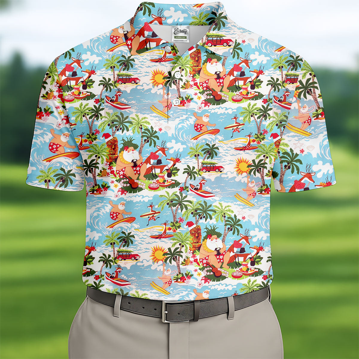 Surfing Santa Tropical Christmas Golf Shirt, Beach Reindeer Holiday Polo, Hawaiian Golf Shirt, Printed Golf Shirts