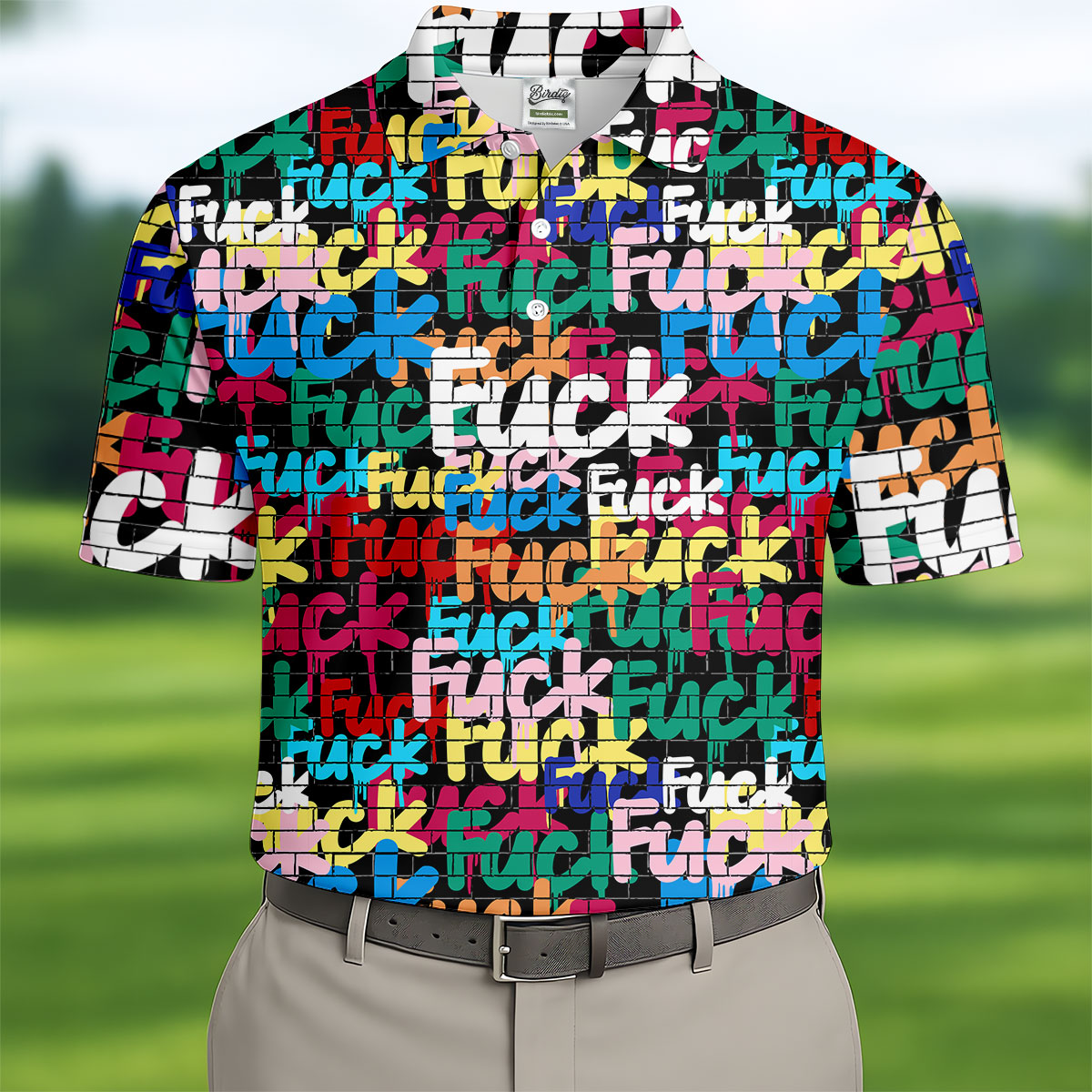 Bold Colorful Fuck Graffiti Typography Golf Shirt, Men's Golf Shirt, Golf Apparel For Men