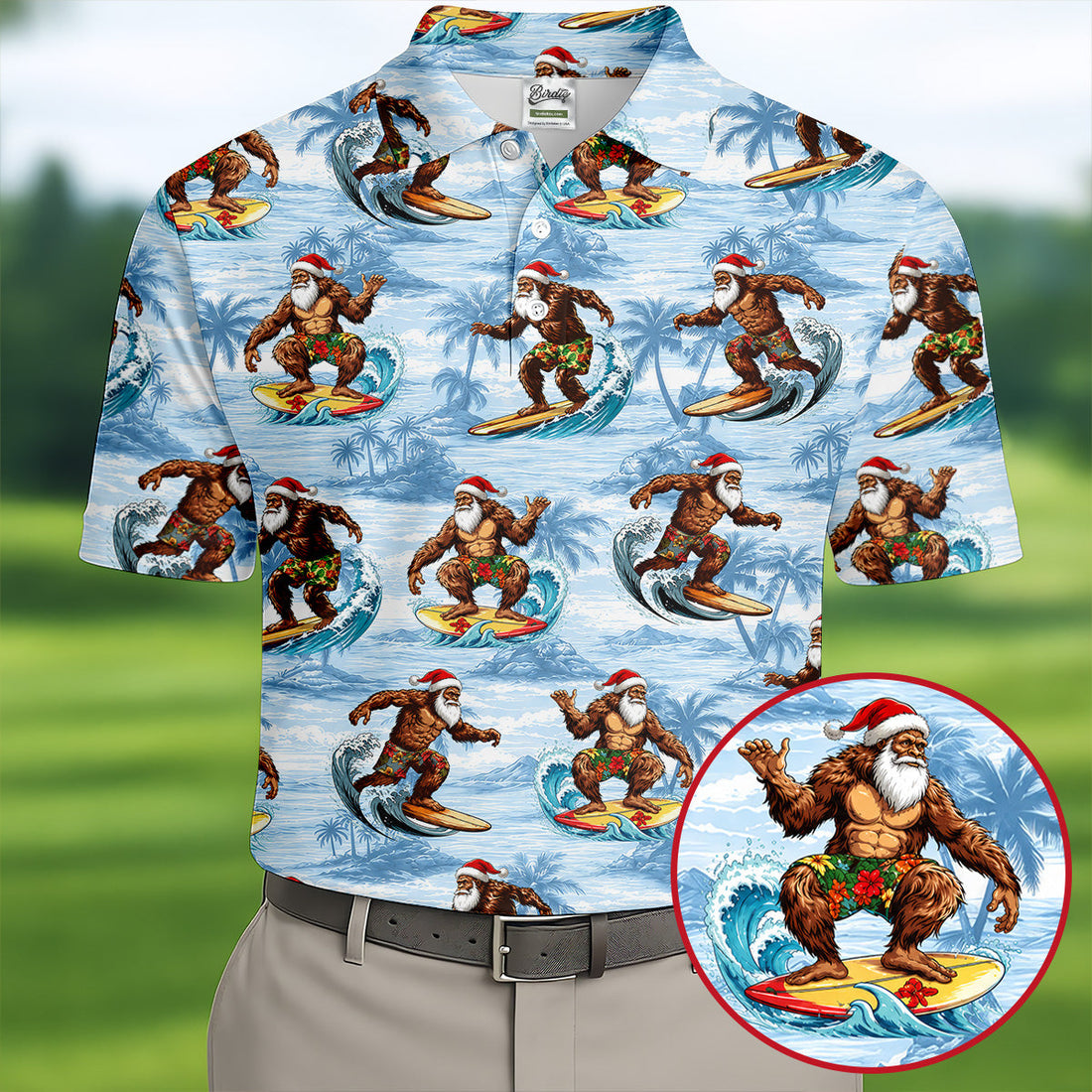 Funny Surfing Santa Bigfoot Christmas Polo Shirt, Mens Golf Polo, Hawaiian Golf Shirt
